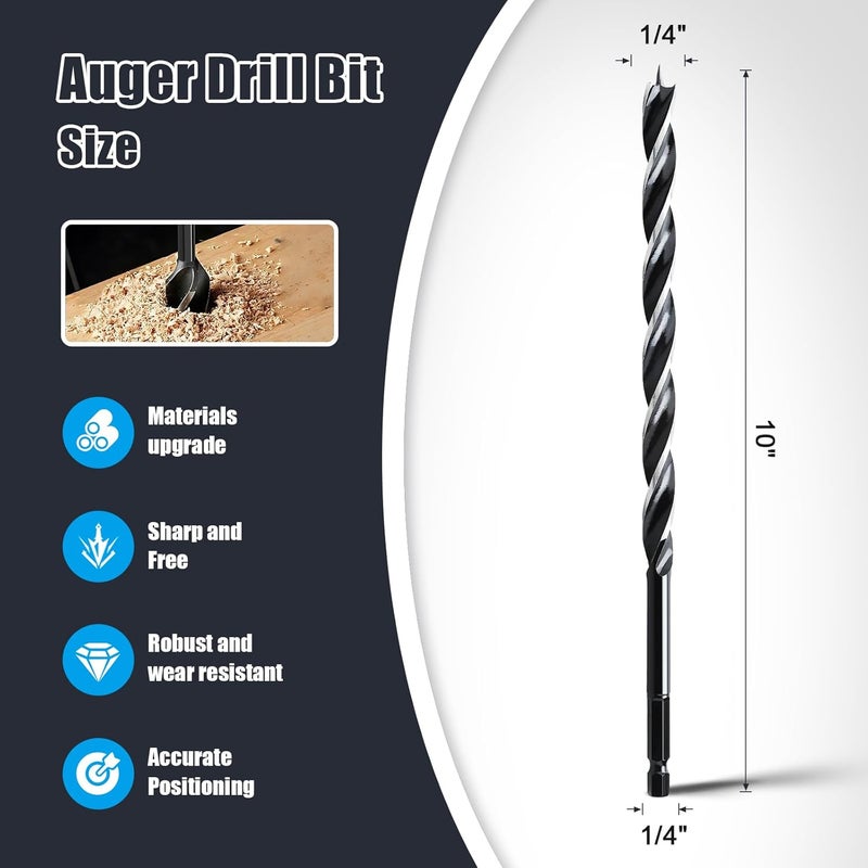 WOBLLMX 1/4" x 10" Auger Drill Bit for Wood, Hex Shank Tri Flute Ship Auger Long Drill Bit for Soft and Hard Wood,Tree Stump,Plastic,Drywall and Composite Materials - Image 2